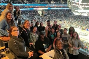 Group Sitting in Skybox with Basketball Court behind, Heartland Dental Event, Charlotte Hornets v Chicago Bulls, 1/26/2023