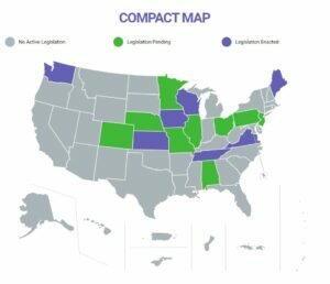Map of the U.S. and territories with select states colored green, purple and grey