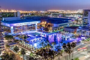 Long Beach Convention Center lit up at night