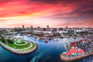 Long Beach, CA Fish Eye Aerial view at sunset