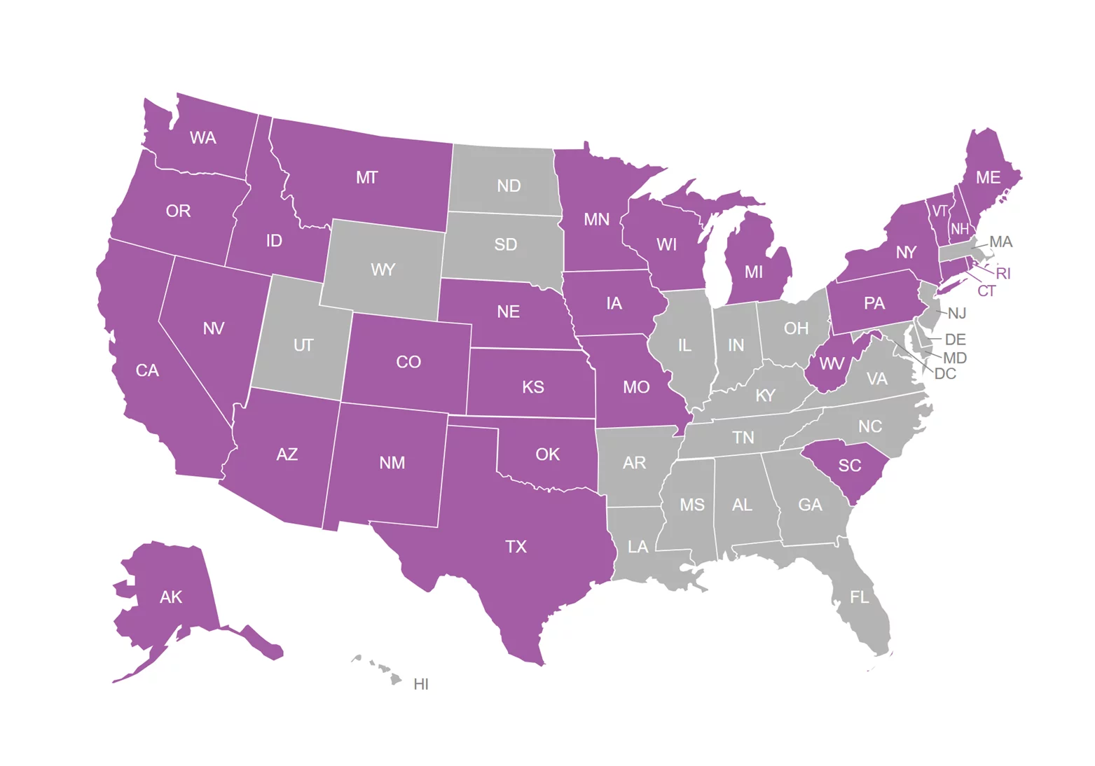 Map of US with 28 states colored in purple