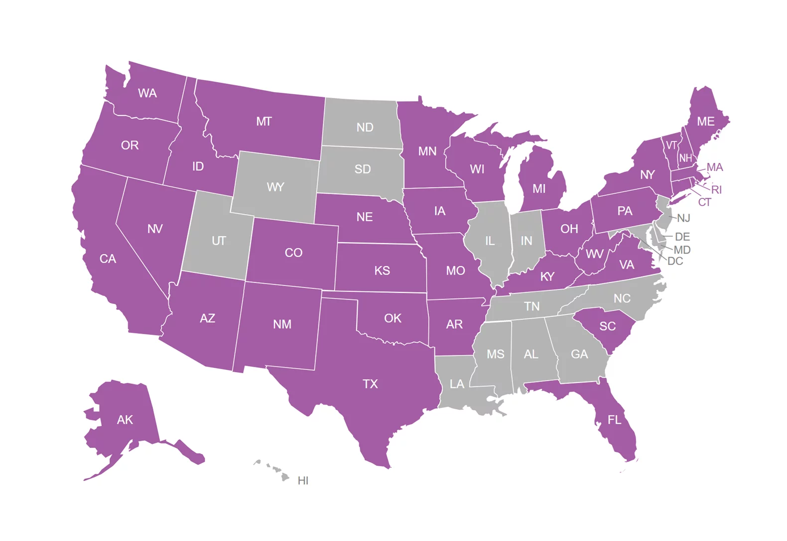 Map of US with 34 states colored in purple