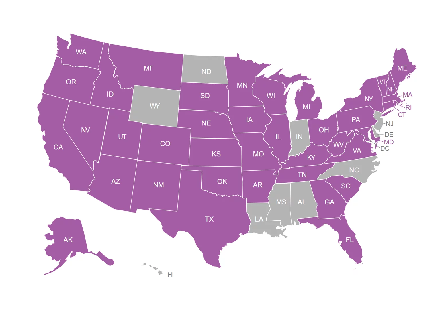 Map of US with 40 states colored in purple