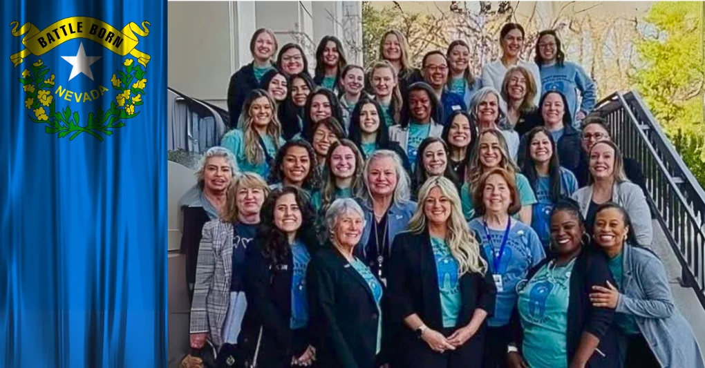 Dental Hygienists gathered on the steps of the Nevada legislative building with a Nevada 