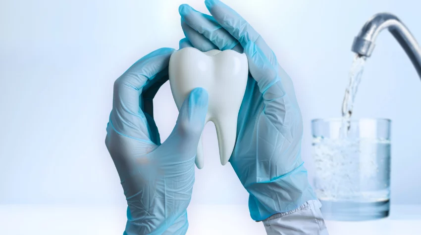 Gloved hands protecting a tooth with water flowing from a faucet behind them