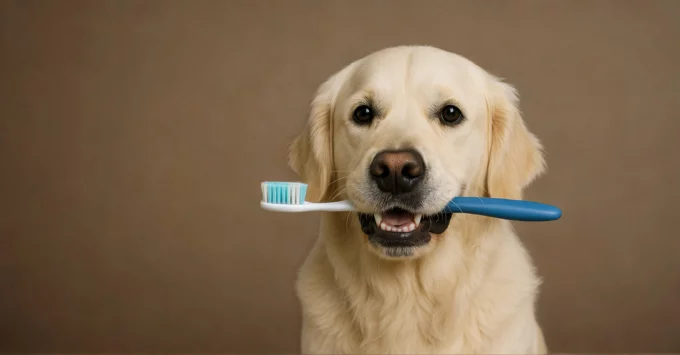 Golden Retriever with blue tooth brush in its mouth