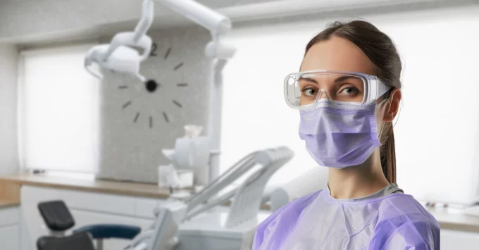 Hygienist in PPE standing in operatory