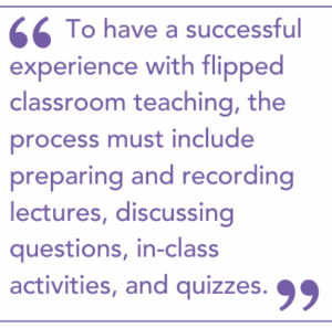 To have a successful experience with flipped classroom teaching, the process must include preparing and recording lectures, discussing questions, in-class activities, and quizzes.