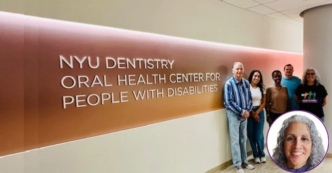 Tamara Baca, MPH, BSDH, APDH pictured with other special needs providers at an NYU Dentistry Oral Health Center for People with Disabilities training program; and with headshot inset of Tamara Baca