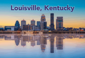 Evening skyline of Louisville, Kentucky along the river