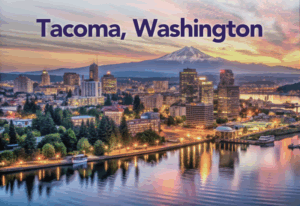 Evening overhead view of Tacoma Washington with Mt. Ranier in the background
