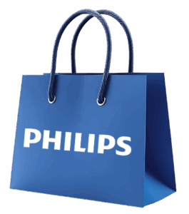 Blue gift bag with "Philips" printed in white on the side.