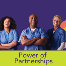 Three hygienists standing together laughing "Power of Partnerships"