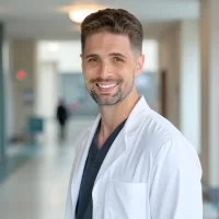 Derik J. Sven, MBA, MPH, RDH, CDT, FADHA in white lab coat with blue scrubs.