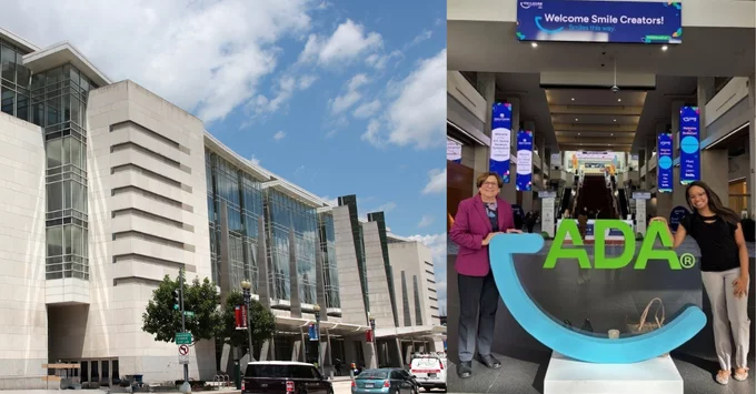 ADHA advocacy staff stand in front of the ADA logo at SmileCon at the Walter E. Washington Convention Center in Washington D.C.