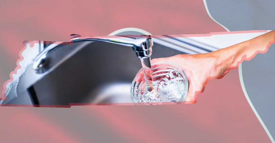 Hand holding water glass under running faucet overlayed on Tennessee flag