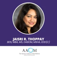 Headshot of Jaisri Thoppay and AAOM logo