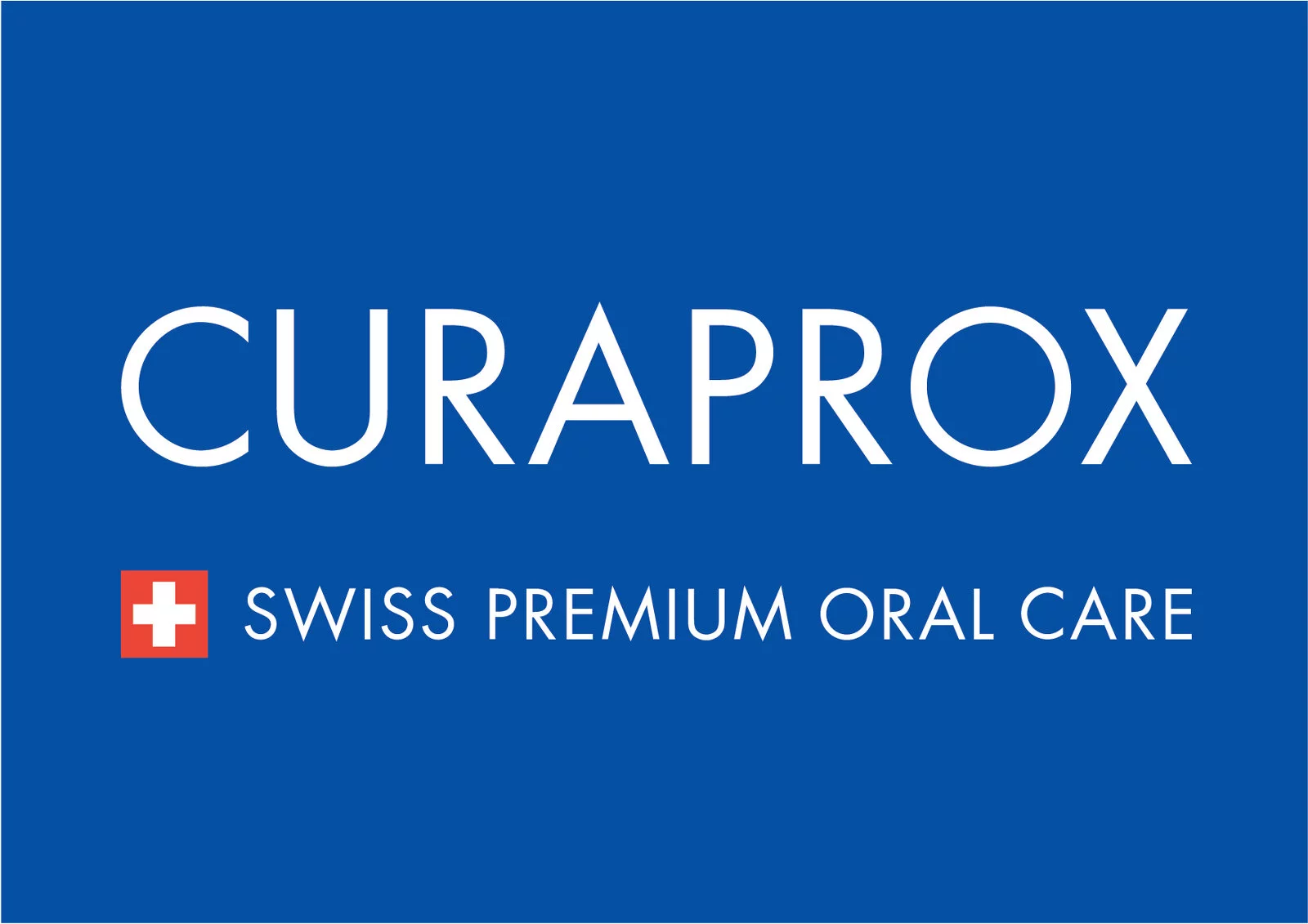 Curaprox logo white text on bright blue background