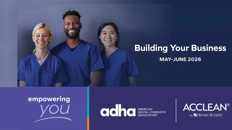 Two female hygienists and one male hygienist in blue scrubs for Building Your Business Empowering You ACCLEAN by Henry Schein Webinar Series