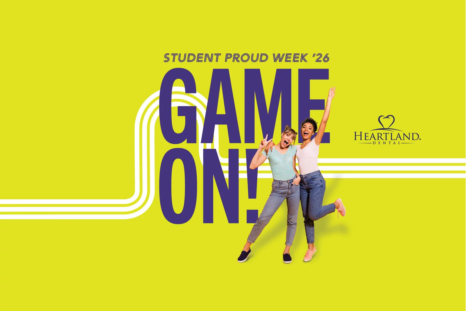 Students Celebrating and Dancing front of large letters that spell Game On! for ADHA Student Proud Week 2026