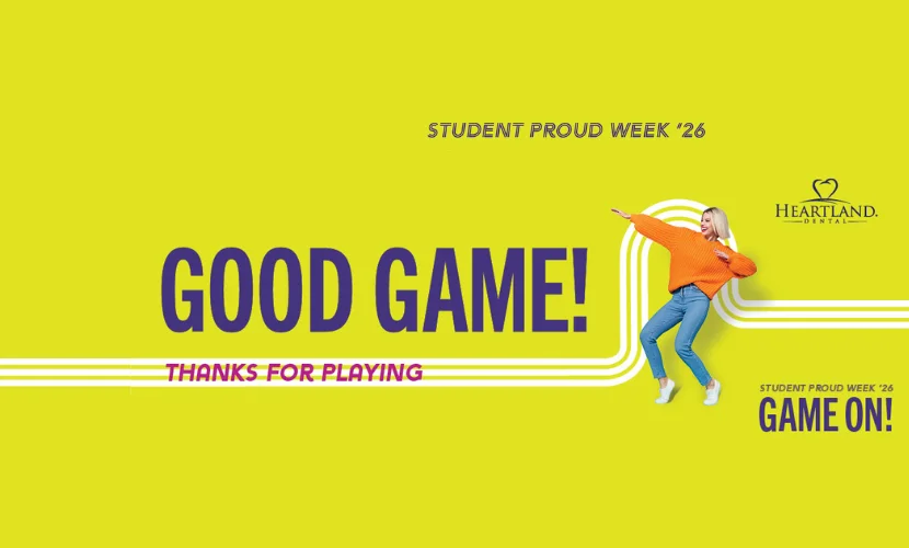 Student celebrating in front of large letters that spell Game On! for ADHA Student Proud Week 2026