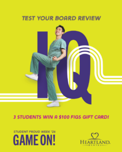 Male dental hygiene student in scrubs lifting up knee in front of IQ for Student Proud Week 2026