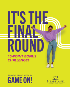 Female in purple sweater and jeans with hands up and knee bent, with IT'S THE FINAL ROUND for Student Proud Week 2026
