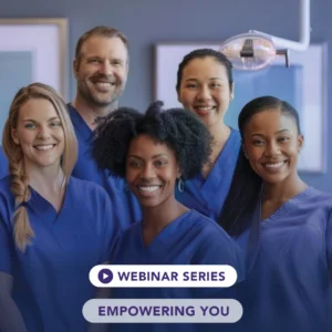 Group of male and female hygienists in blue scrubs smiling with Webinar Series across as a title
