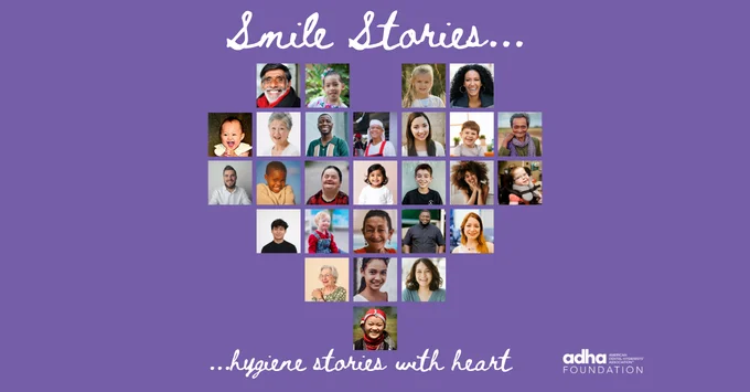 Smile Stories, smiling photos of dental hygienists arranged in the shape of a heart on a purple background