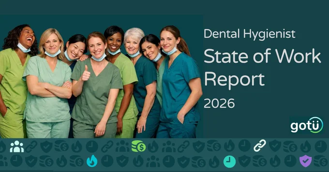 Group of hygienists in various shades of green scrubs smiling, text 