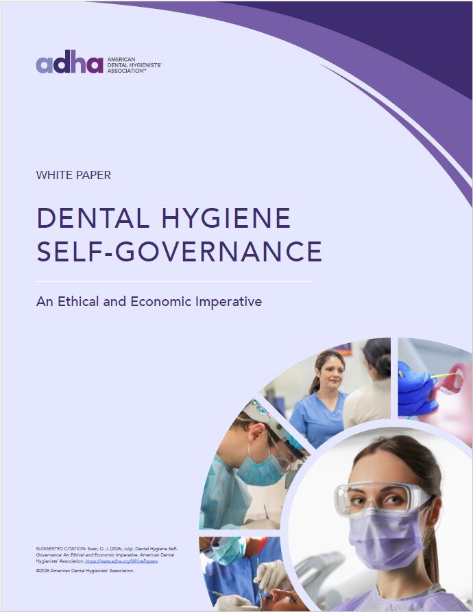 Image of the light purple cover of the ADHA white paper on dental hygiene self-governance.
