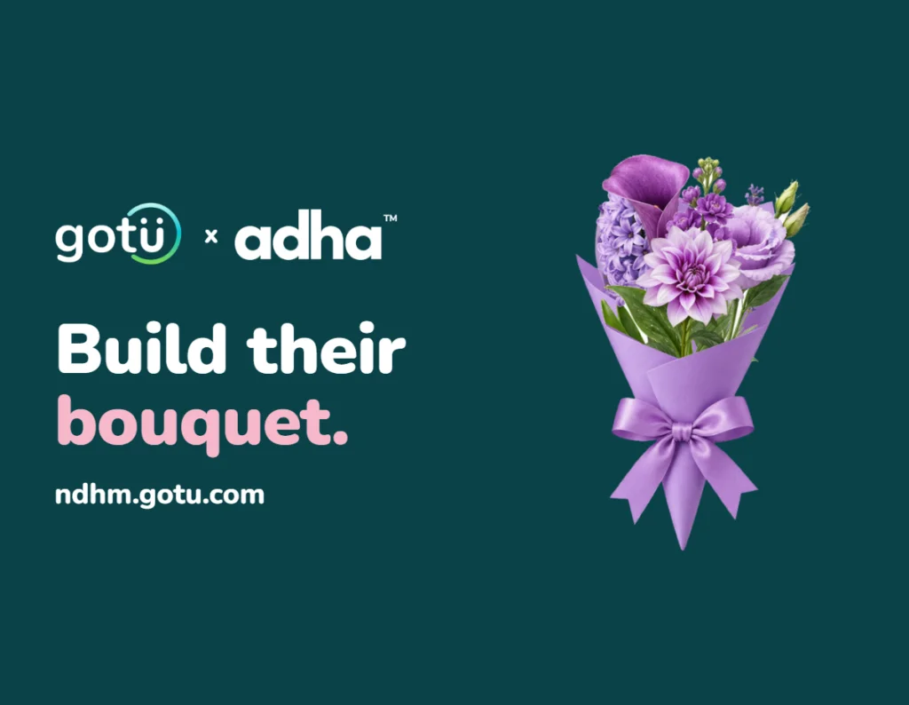 GoTu x ADHA. Build their bouquet. ndhm.gotu.com. Illustrated bouquet of purple flowers wrapped in lavender paper with a bow.