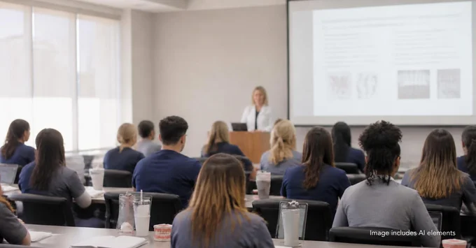 An instructor in a white lab coat stands at the front of a classroom while students in scrubs sit at tables facing a projected slide
