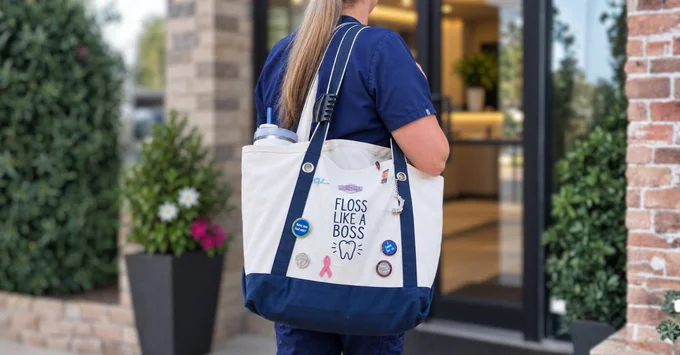 Dental hygienist in navy scrubs carrying a canvas tote bag over one shoulder, standing outside a brick building. The bag reads “Floss like a boss” and is decorated with buttons and pins.